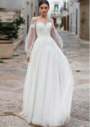 Transparent Sleeve Ivory Lace Tulle Wedding Dress